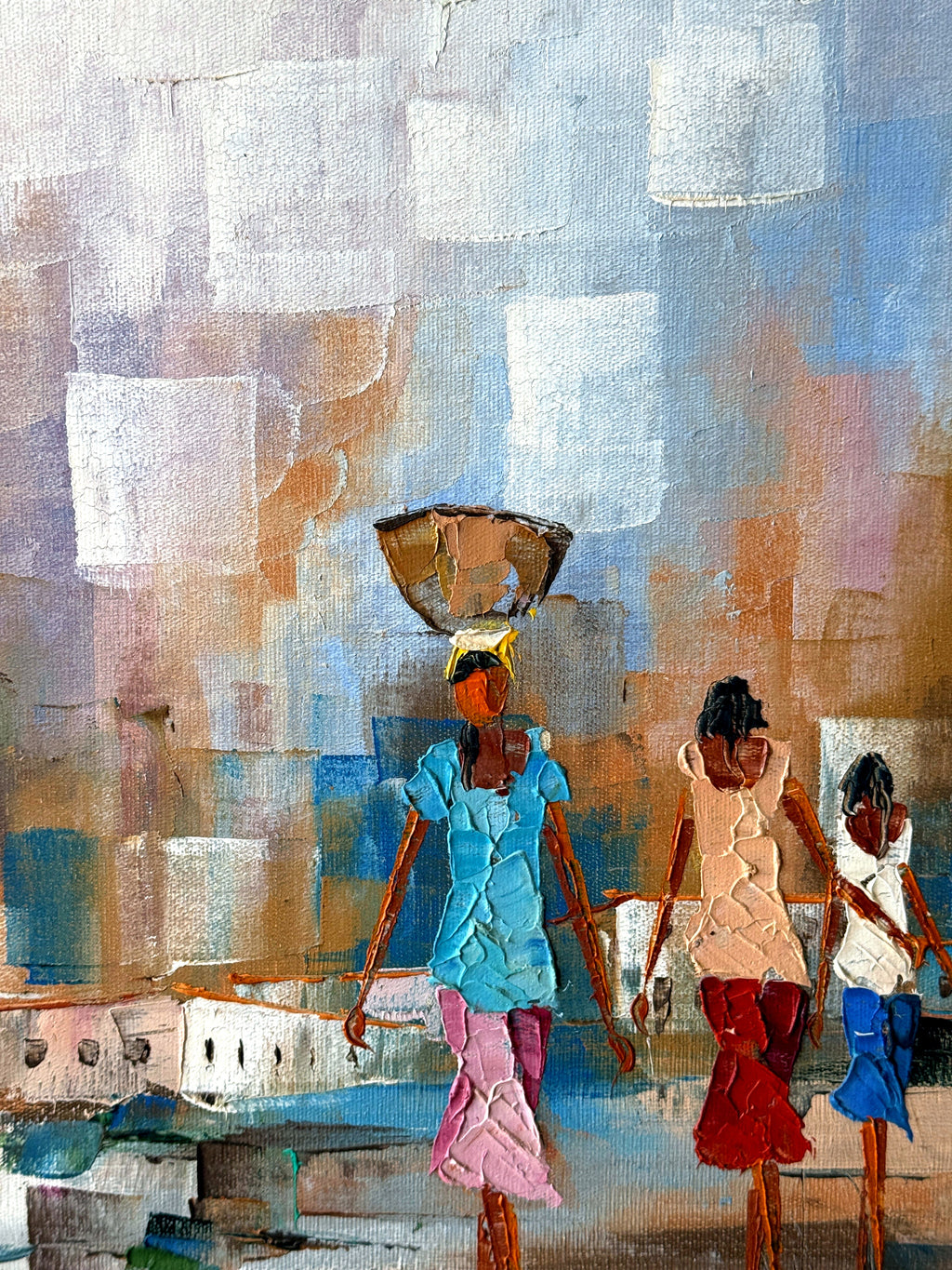 1985 signed impasto figural paintings on canvas — framed pair — close-up of the companion painting — the three walking figures