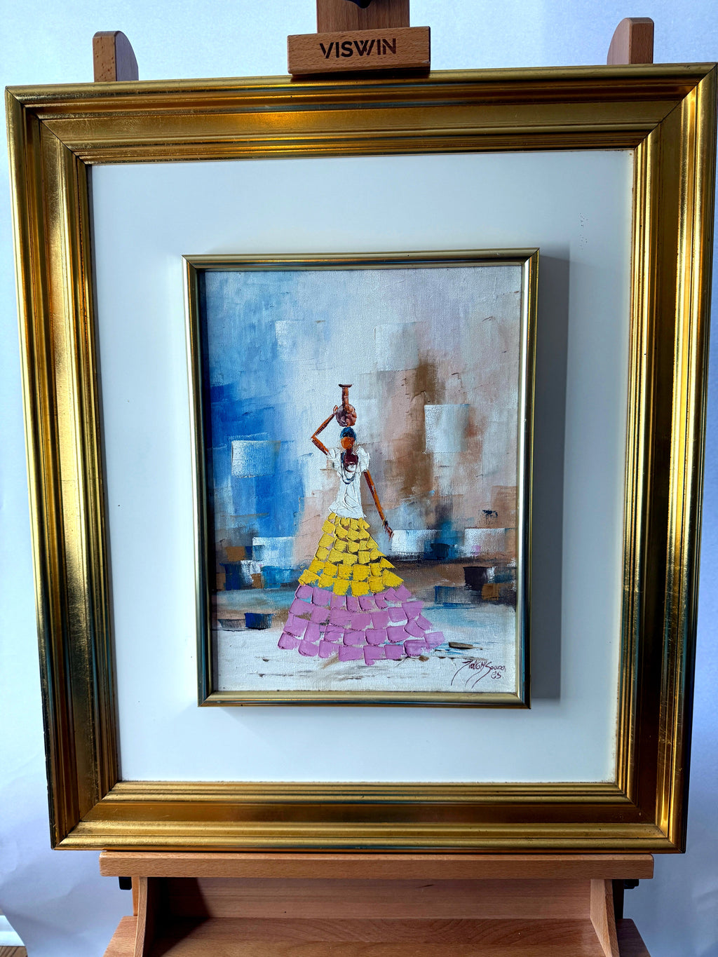1985 signed impasto figural paintings on canvas — framed pair — the water-carrier painting, front view
