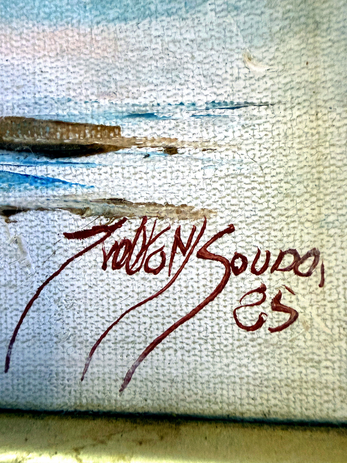 1985 signed impasto figural paintings on canvas — framed pair — close-up of the signature on the second painting, dated 85