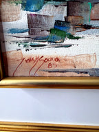 1985 signed impasto figural paintings on canvas — framed pair — detail of the companion painting's lower corner with its signature