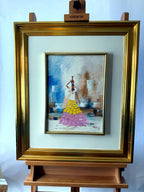 1985 signed impasto figural paintings on canvas — framed pair — the water-carrier painting on an easel, front view