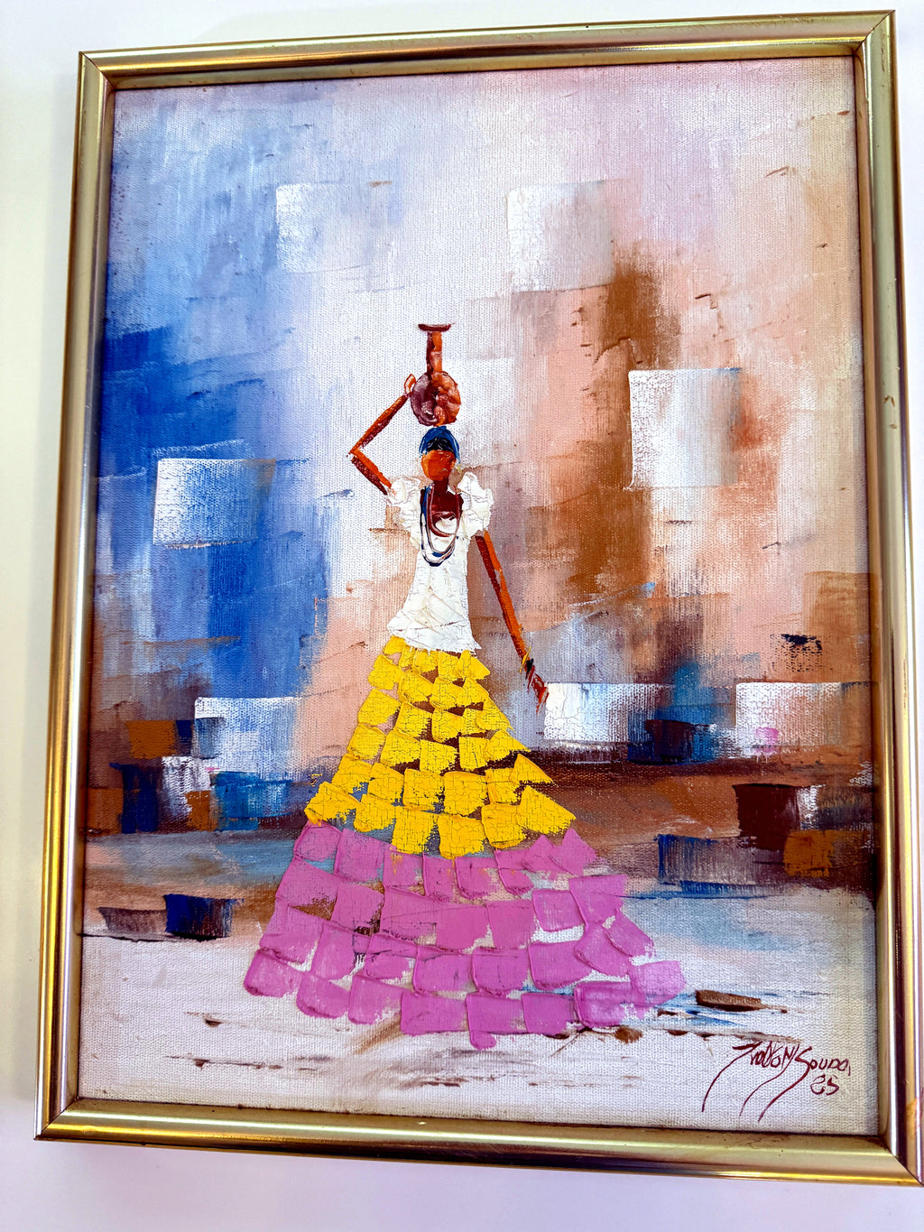 1985 signed impasto figural paintings on canvas — framed pair — close view of the water-carrier painting filling its frame