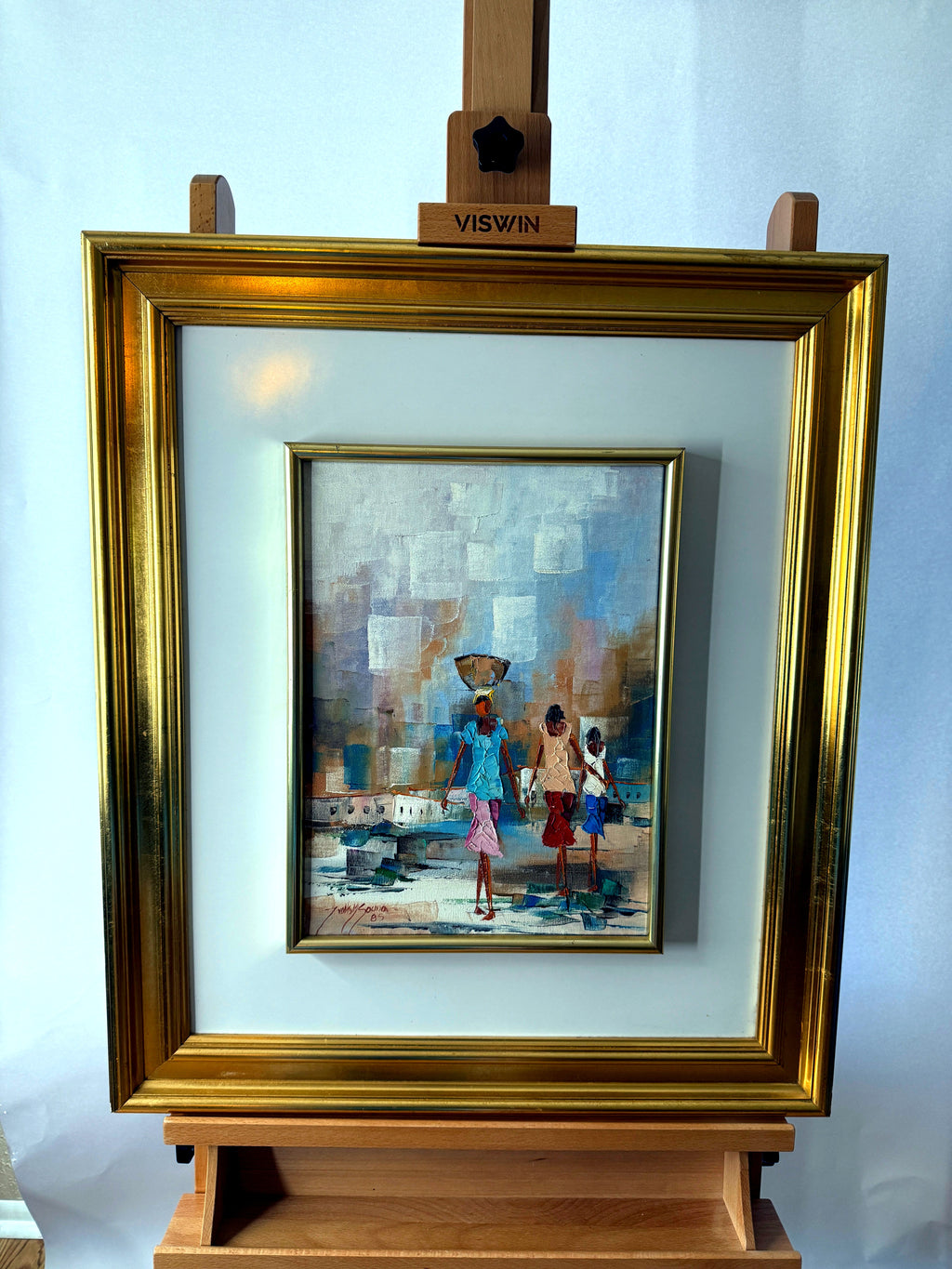1985 signed impasto figural paintings on canvas — framed pair — the companion painting on an easel, front view