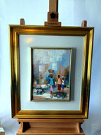 1985 signed impasto figural paintings on canvas — framed pair — the companion painting on an easel, front view