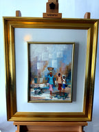 1985 signed impasto figural paintings on canvas — framed pair — the companion painting on an easel, front view