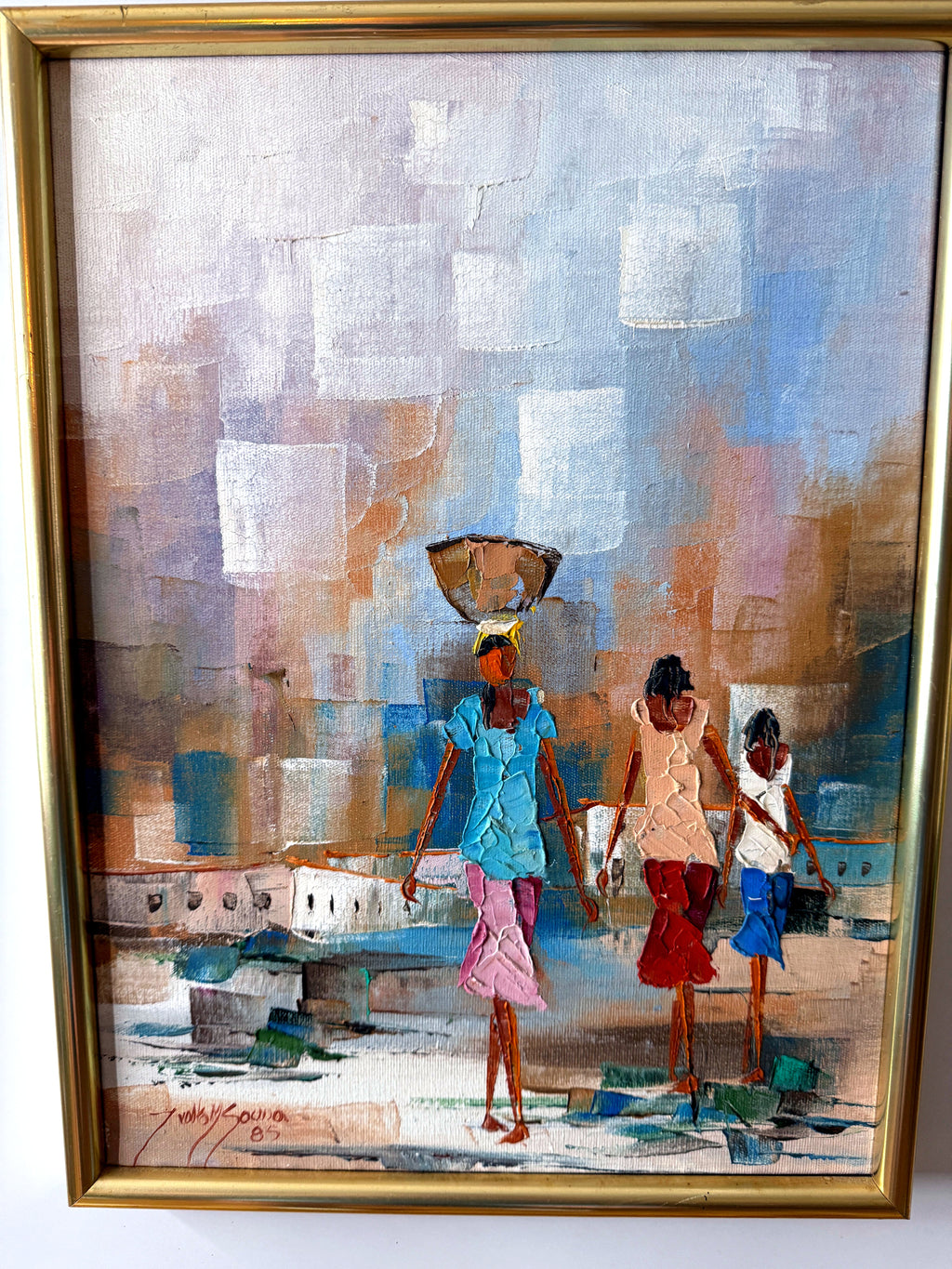 1985 signed impasto figural paintings on canvas — framed pair — close-up of the companion painting in its frame — the three figures