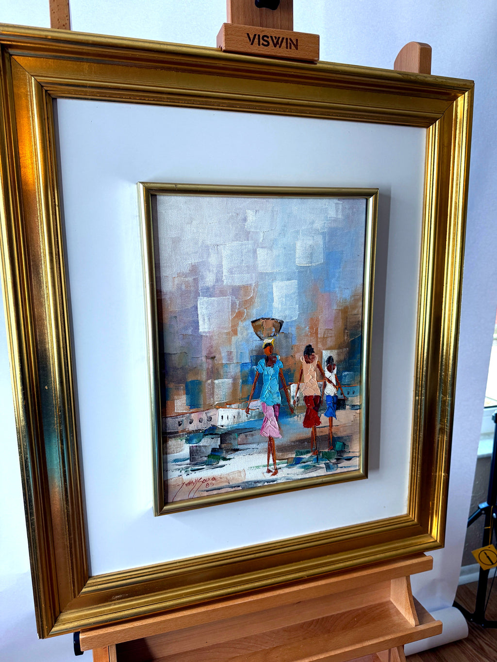 1985 signed impasto figural paintings on canvas — framed pair — the companion painting from a right angle
