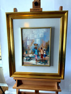 1985 signed impasto figural paintings on canvas — framed pair — the water-carrier painting on an easel, front view
