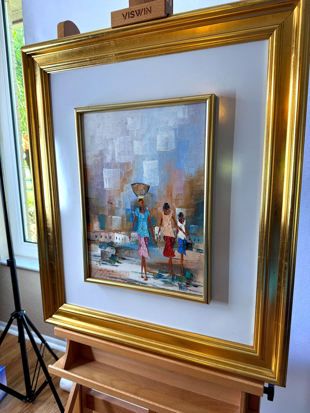 1985 signed impasto figural paintings on canvas — framed pair — the companion painting from a left angle, wide room view