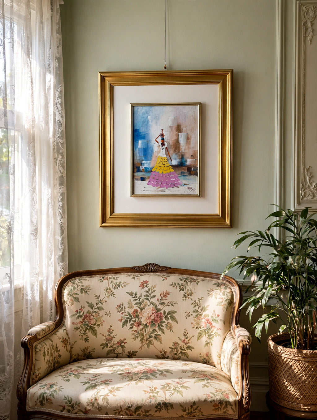 Styled lifestyle photo — the lead 1985 impasto figurative painting shown in a sunlit vintage parlor above a floral settee (display inspiration)