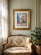 Styled lifestyle photo — the lead 1985 impasto figurative painting shown in a sunlit vintage parlor above a floral settee (display inspiration)