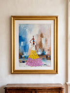 Styled lifestyle photo — the lead 1985 impasto figurative painting (woman with vessel, yellow and pink skirt) shown hanging above an antique sideboard in a vintage living room (display inspiration)