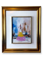 1985 signed impasto figural paintings on canvas — framed pair — the water-carrier painting in its gilt frame on an easel — a woman in a yellow and pink tiered skirt balancing a vessel on her head