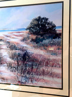 Close-up detail of the artwork — the large tree and marsh grasses