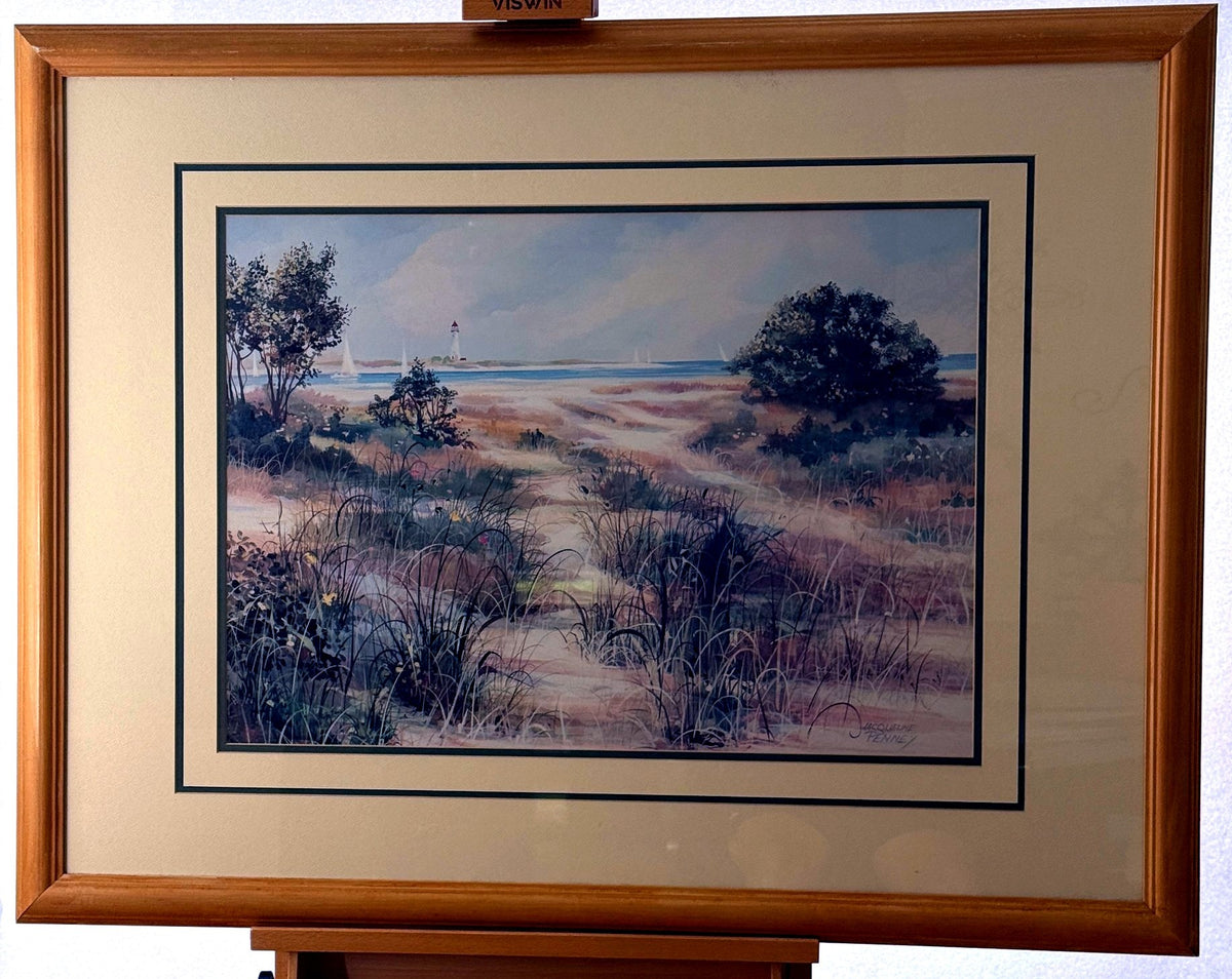 Jacqueline Penney ‘Sunday Sail’ vintage coastal print, 43-inch framed — front view in its natural wood frame with cream double matting