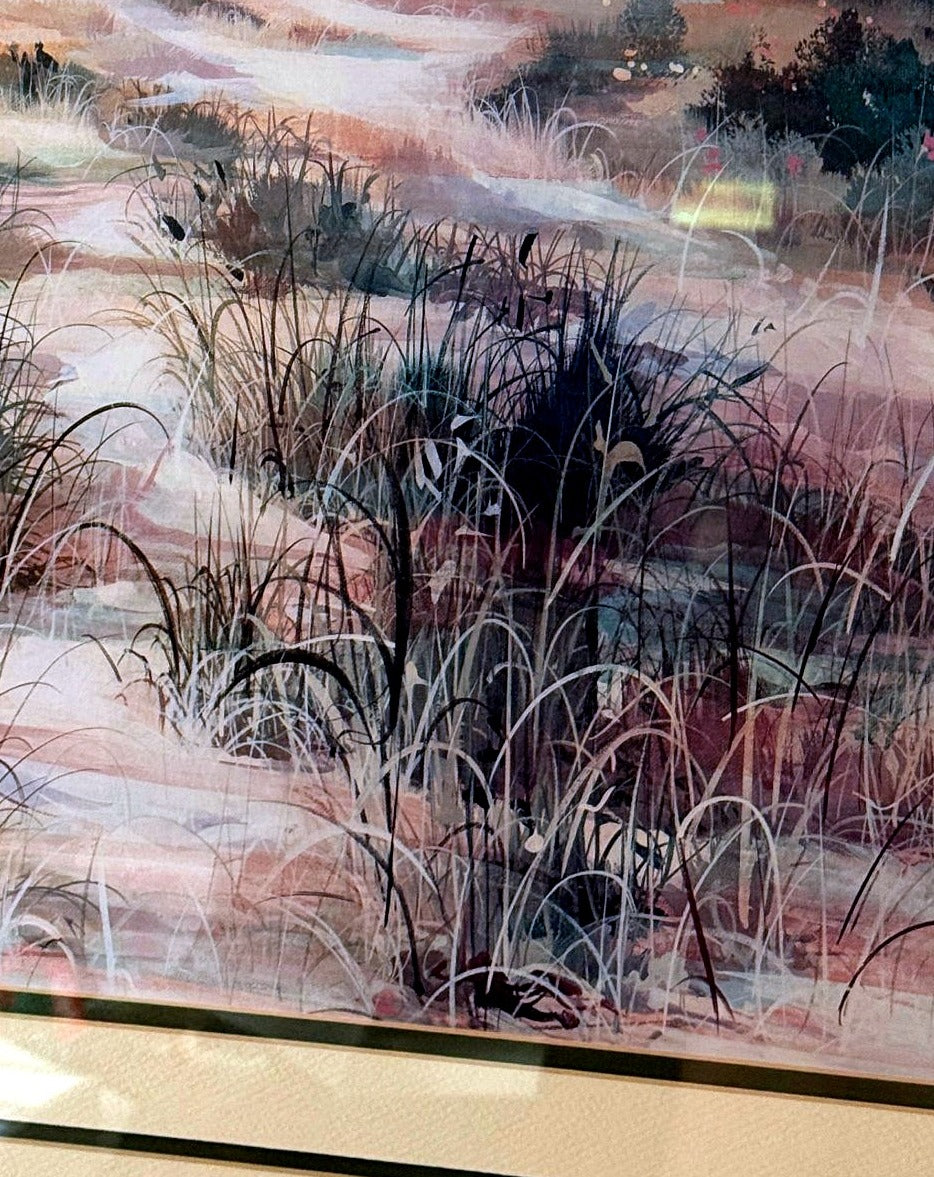 Detail close-up — dune grasses and the winding sand path