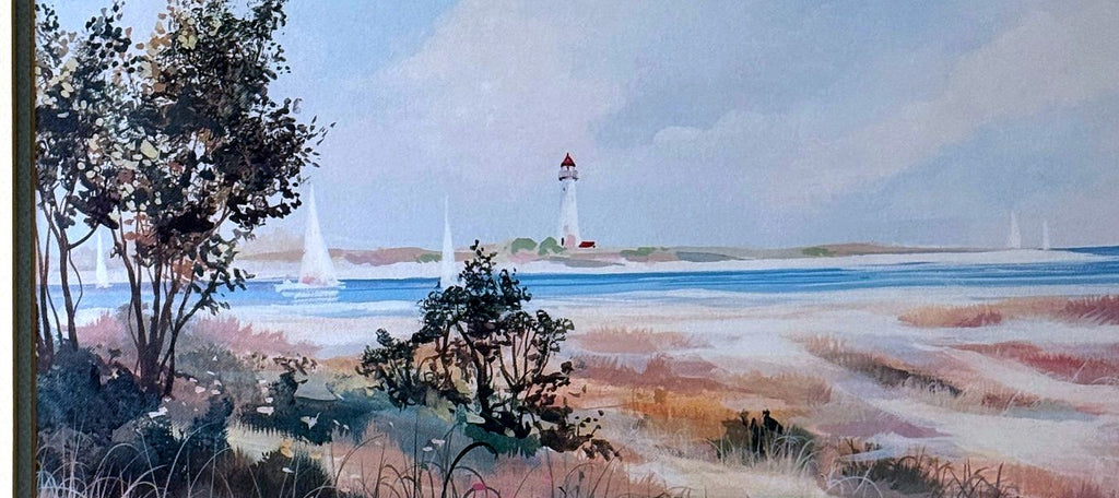 Detail close-up — the red-topped lighthouse and sailboats