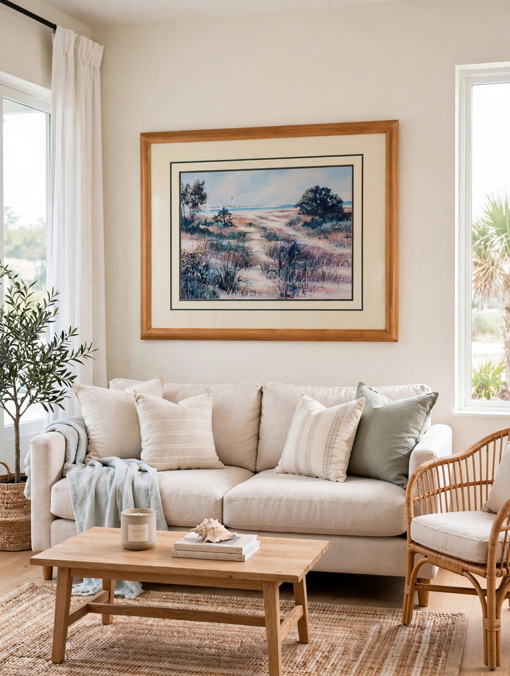 Styled lifestyle photo — the 43-inch framed print above a linen sofa in a bright coastal living room (display inspiration)