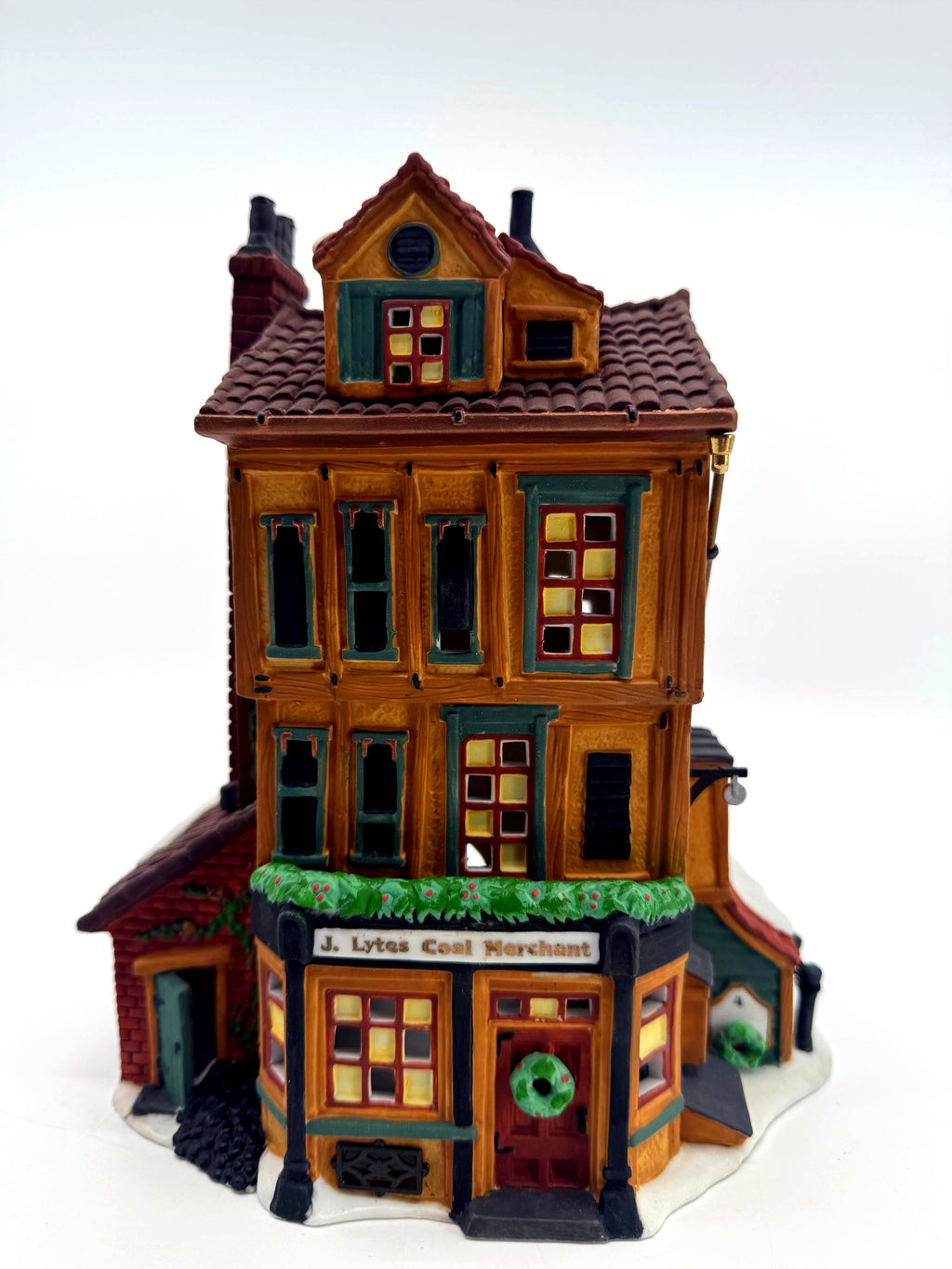 Department 56 Dickens' Village J. Lytes Coal Merchant, front view - J. Lytes Coal Merchant sign, garland, wreath on the red door