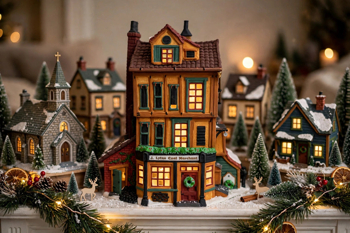 Department 56 Dickens' Village J. Lytes Coal Merchant in a mantel Christmas village display (styled display image for inspiration; the coal merchant building is the item for sale)