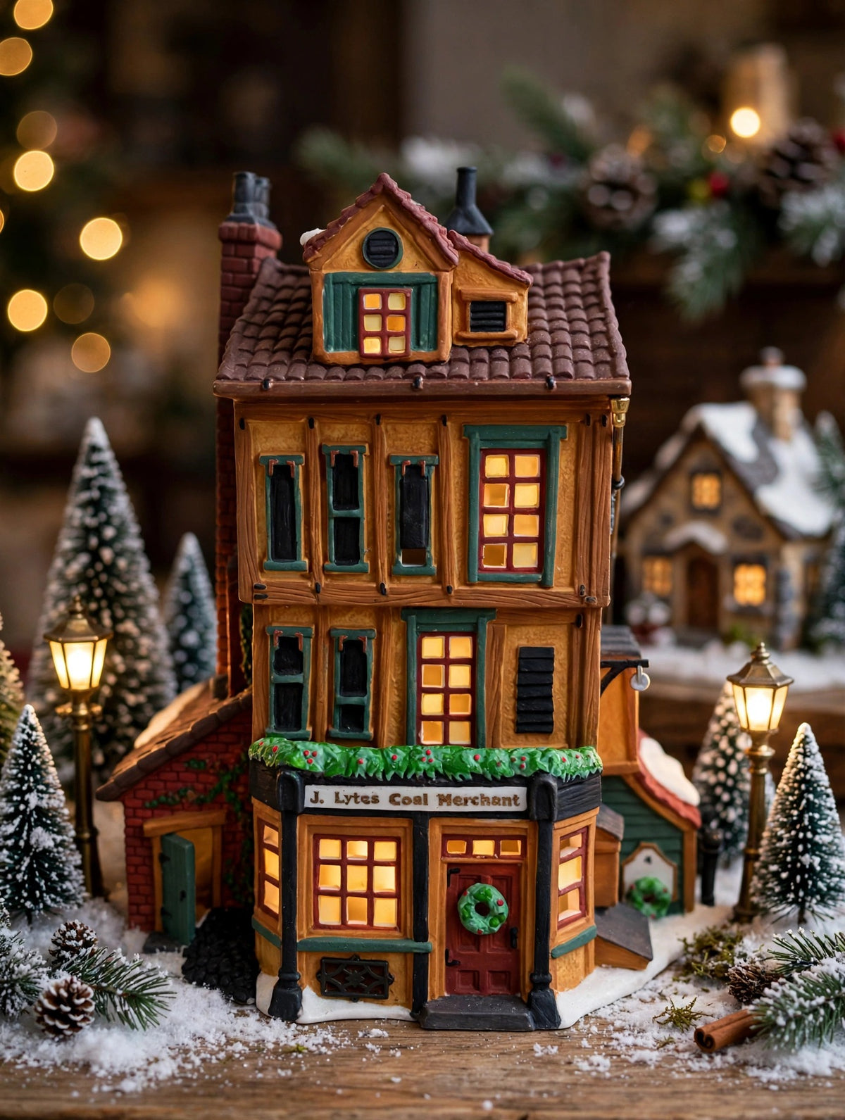 Department 56 Dickens' Village J. Lytes Coal Merchant in a tabletop village scene with lamp posts (styled display image for inspiration; the coal merchant building is the item for sale)