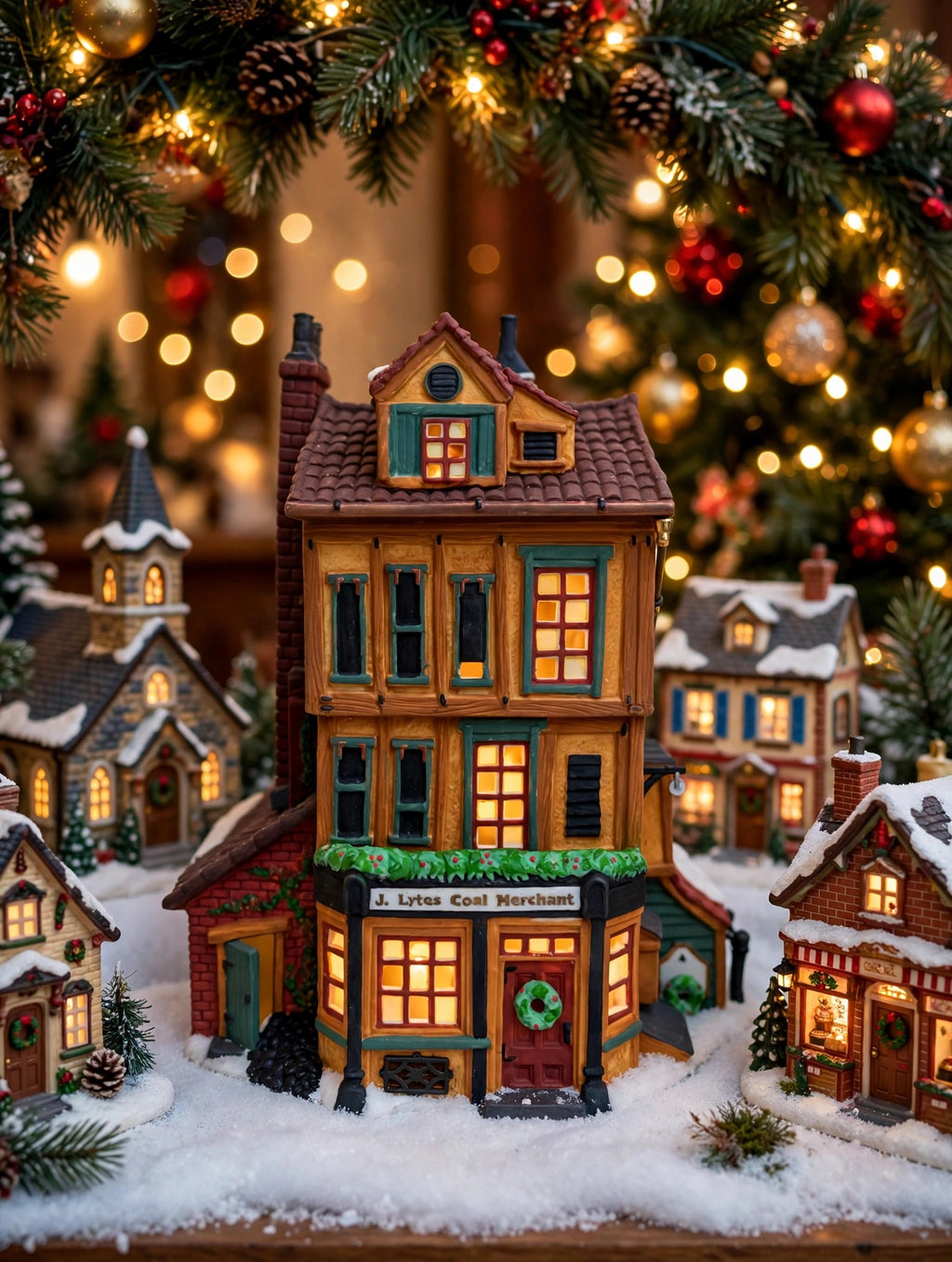 Department 56 Dickens' Village J. Lytes Coal Merchant in a Christmas village beneath the tree (styled display image for inspiration; the coal merchant building is the item for sale)