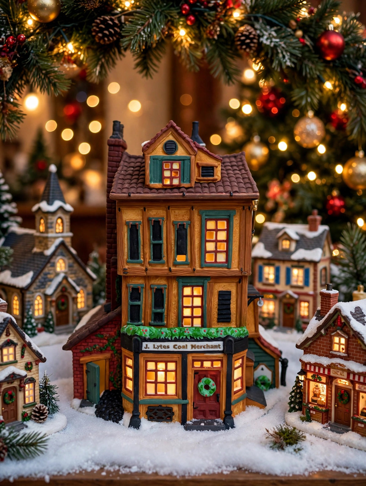 Department 56 Dickens' Village J. Lytes Coal Merchant in a Christmas village beneath the tree (styled display image for inspiration; the coal merchant building is the item for sale)