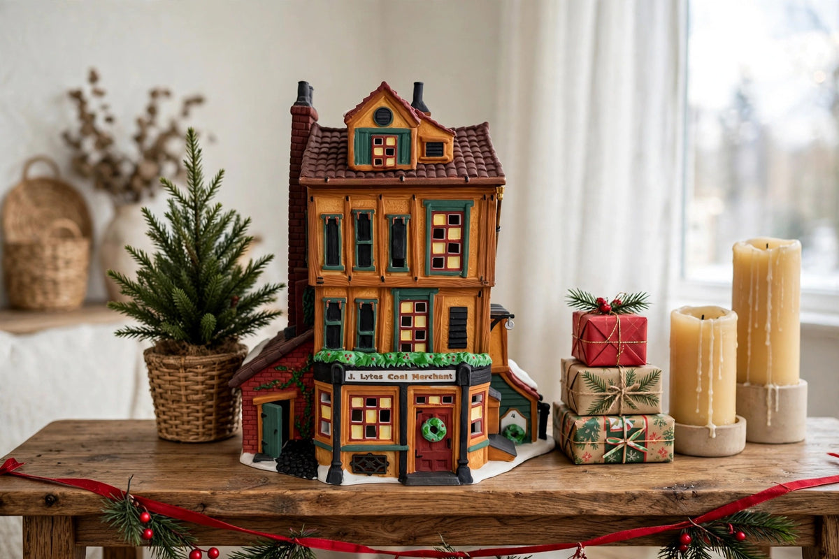 Department 56 Dickens' Village J. Lytes Coal Merchant on a console table with candles and wrapped gifts (styled display image for inspiration; the coal merchant building is the item for sale)