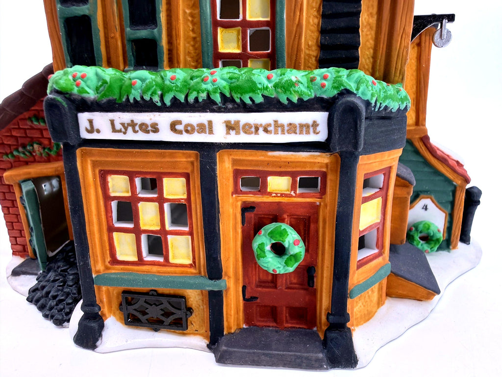 Department 56 Dickens' Village J. Lytes Coal Merchant, front detail view of the storefront, sign and wreath door