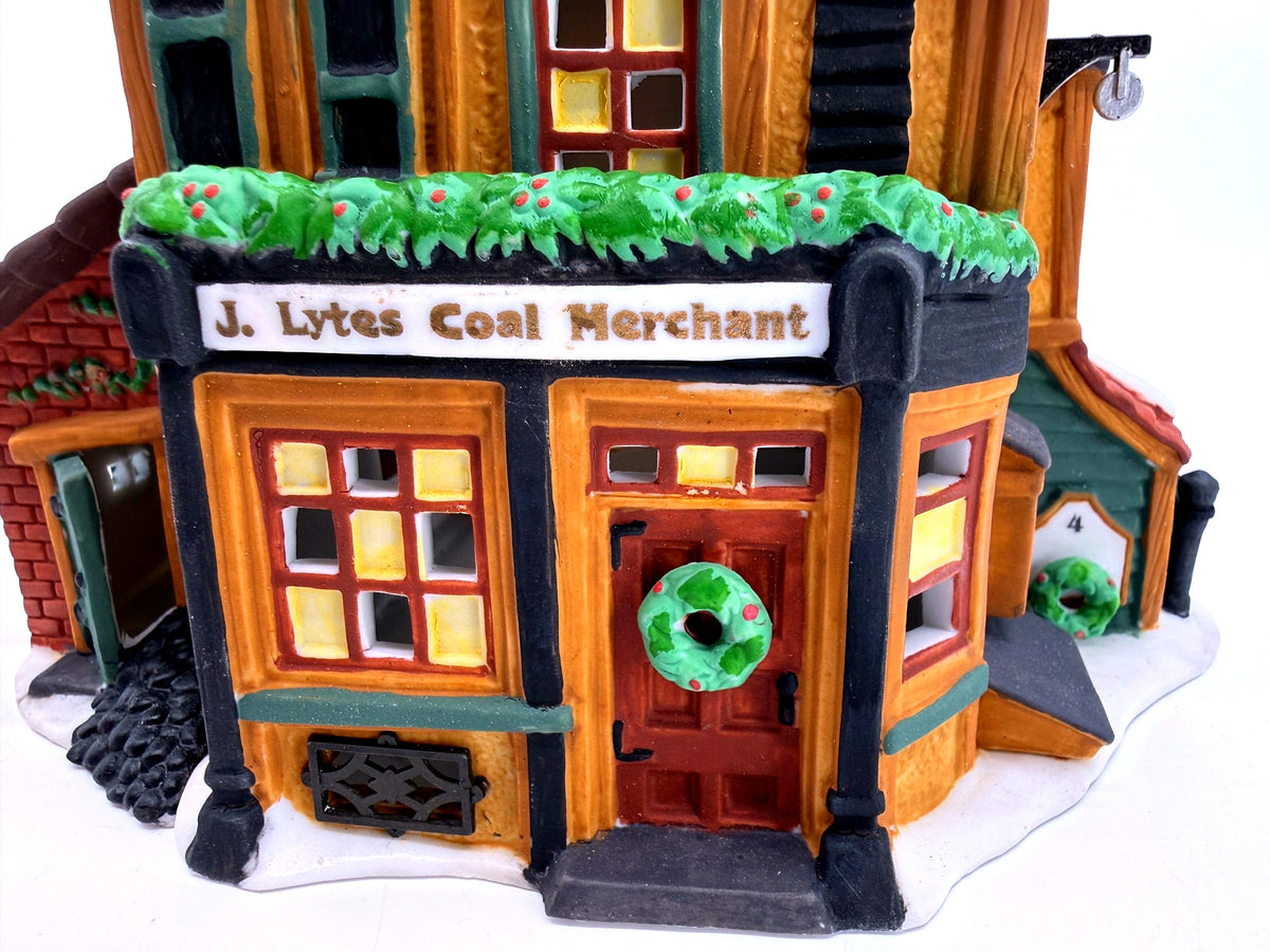 Department 56 Dickens' Village J. Lytes Coal Merchant, front detail view of the storefront, sign and wreath door