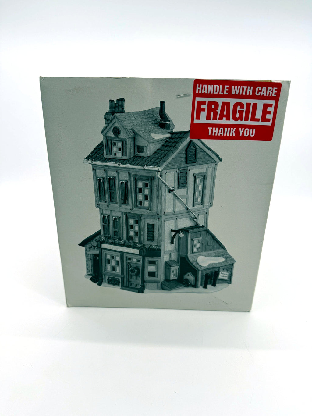 Original Department 56 retail box, side with black-and-white illustration of the building