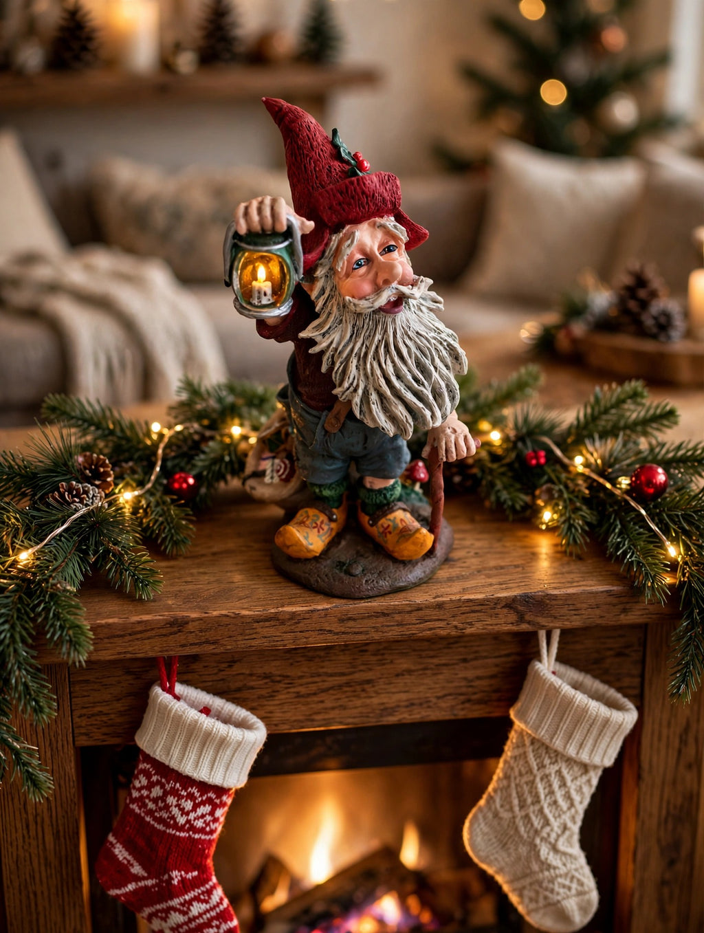 Julenisse displayed on a fireplace mantel with garland, stockings, and firelight - styled display scene