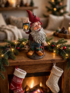 Julenisse displayed on a fireplace mantel with garland, stockings, and firelight - styled display scene