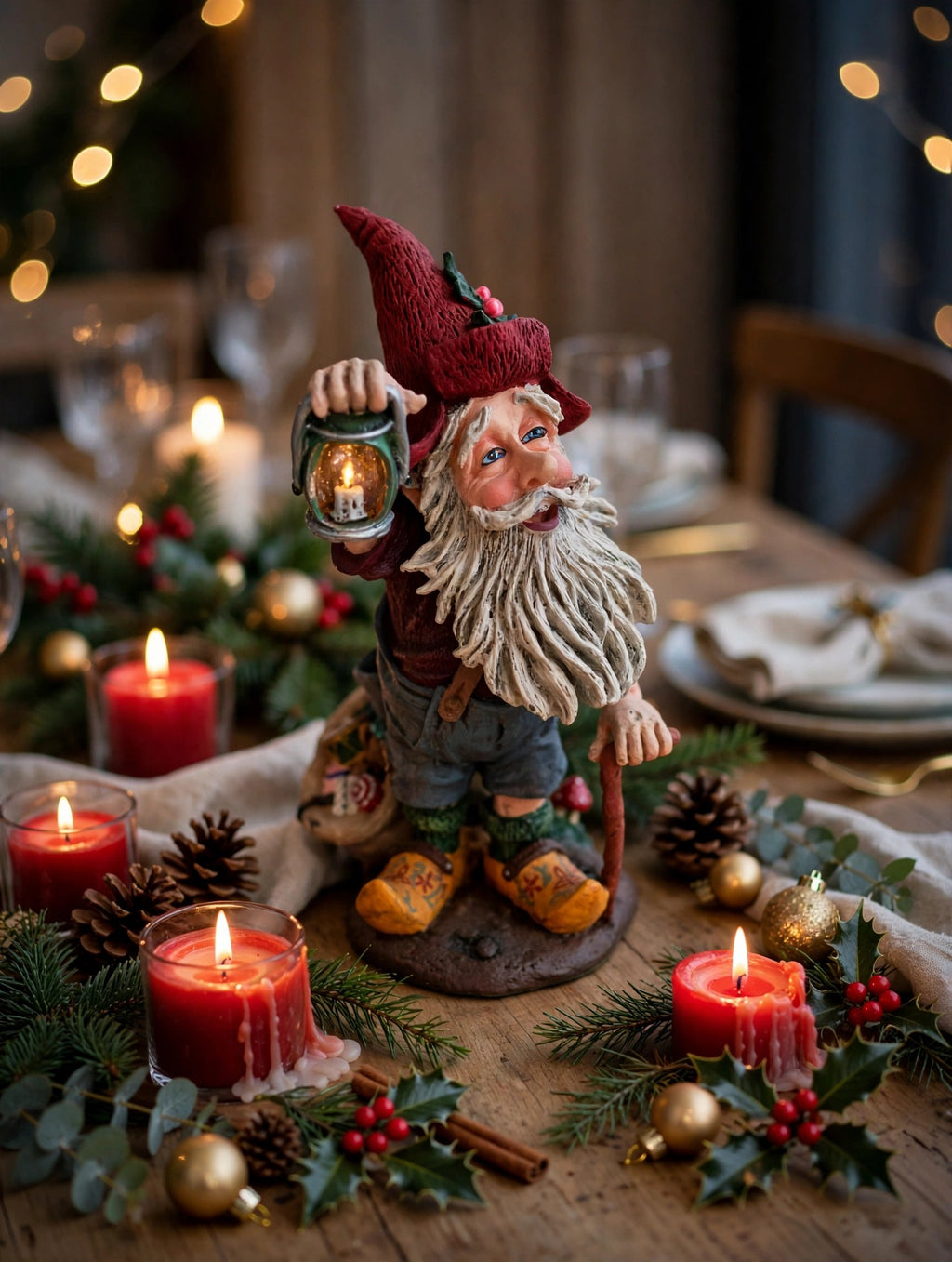 Julenisse as a Christmas table centerpiece with candles, holly, and pinecones - styled display scene