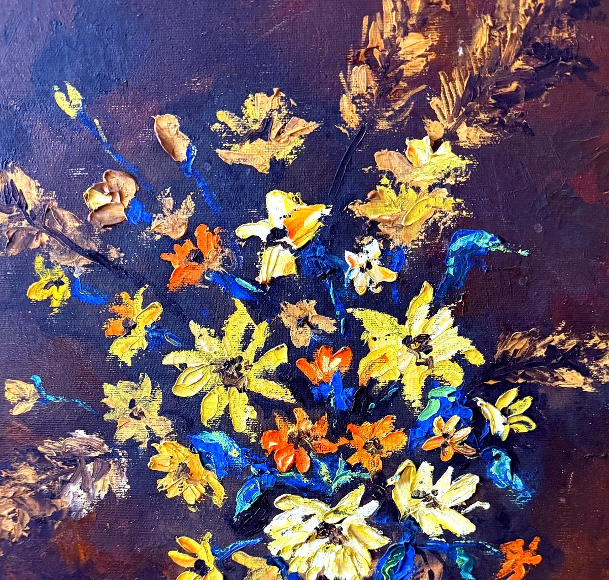 Detail close-up from the painting — textured impasto flowers