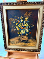 Vintage 1970 K. Nelson floral still life oil painting — front view on the full display easel