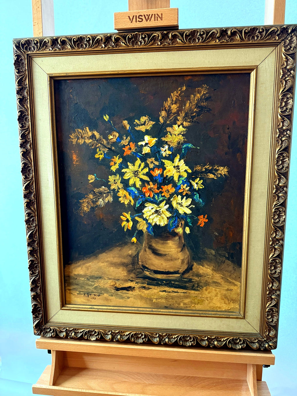 Vintage 1970 K. Nelson floral still life oil painting — front view, straight on, on display easel