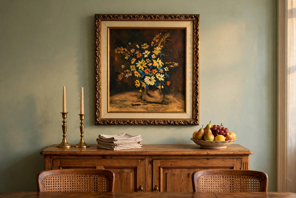 Styled lifestyle photo — the framed K. Nelson floral still life (22.5 × 26.5 in) above a buffet in a dining room (display inspiration)