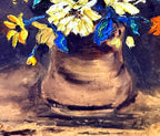 Detail close-up from the painting — the pottery vase and lower blooms