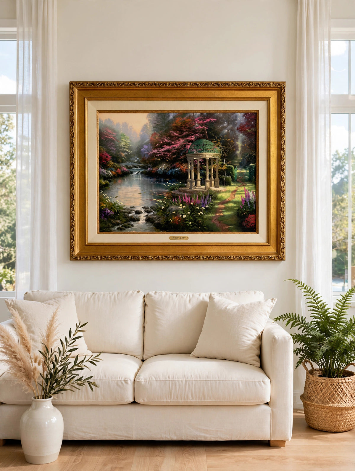 Styled lifestyle photo — the framed Kinkade canvas above a cream sofa in a bright living room (display inspiration)