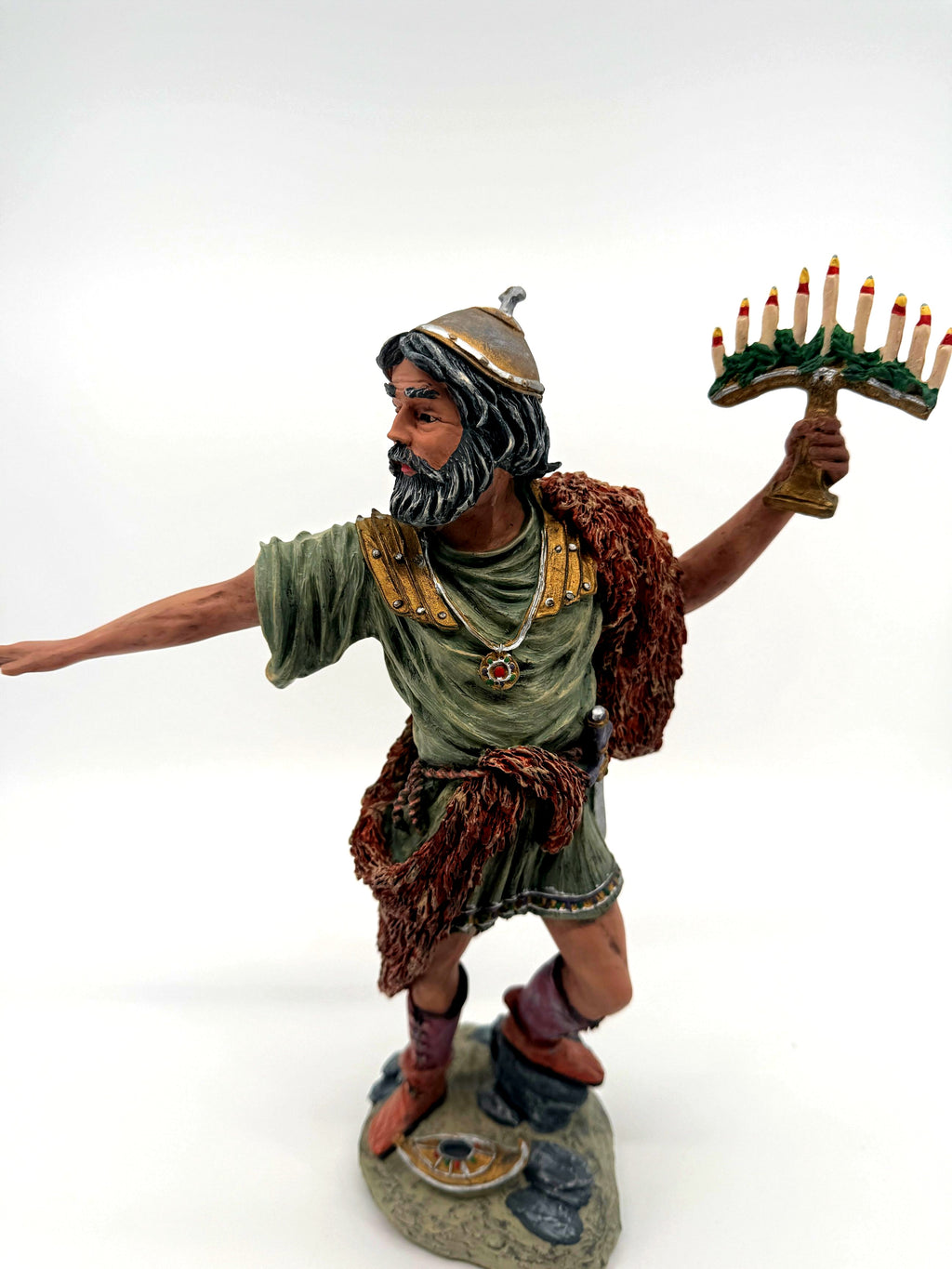 Duncan Royale Judah Maccabee figurine, front view holding Hanukkah menorah high (enhanced)