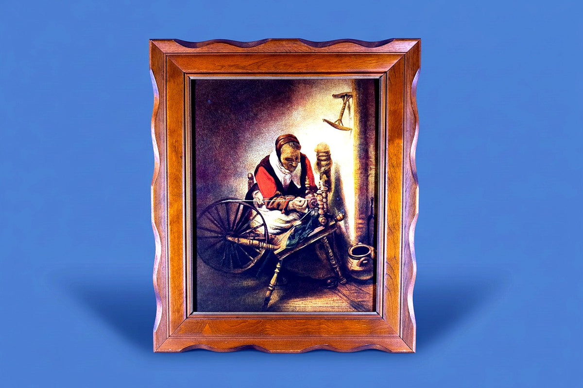 Vintage Nicolaes Maes The Spinner textured art print in a wood frame