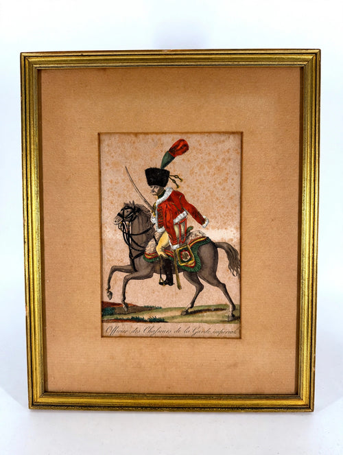Antique Martinet Napoleonic chasseur hand-coloured print, c. 1810-1813 — the framed print on a display stand, front view