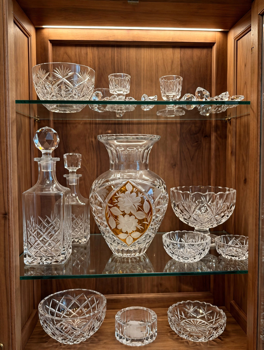 Amber crystal vase on a display cabinet shelf among other crystal pieces (styled display inspiration)