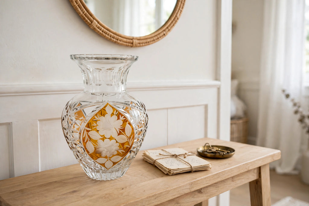 Amber crystal vase on an entryway console table with letters and a brass key dish (styled display inspiration)