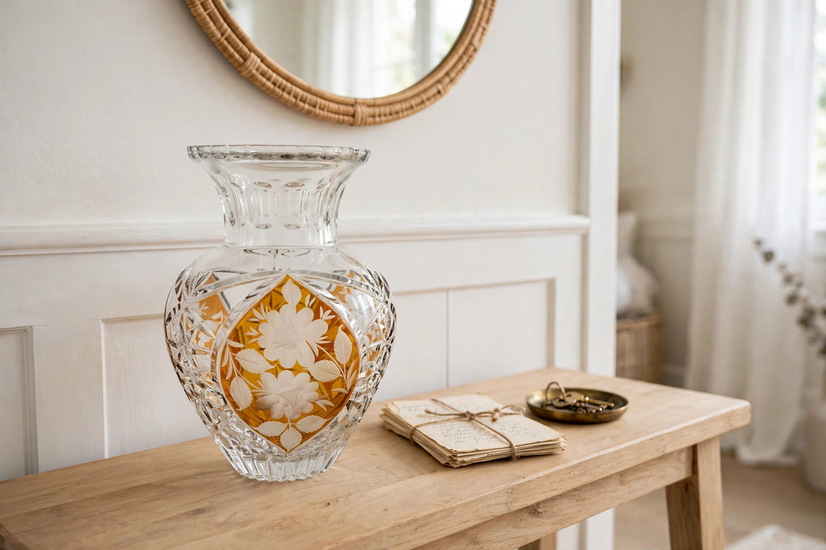 Amber crystal vase on an entryway console table with letters and a brass key dish (styled display inspiration)