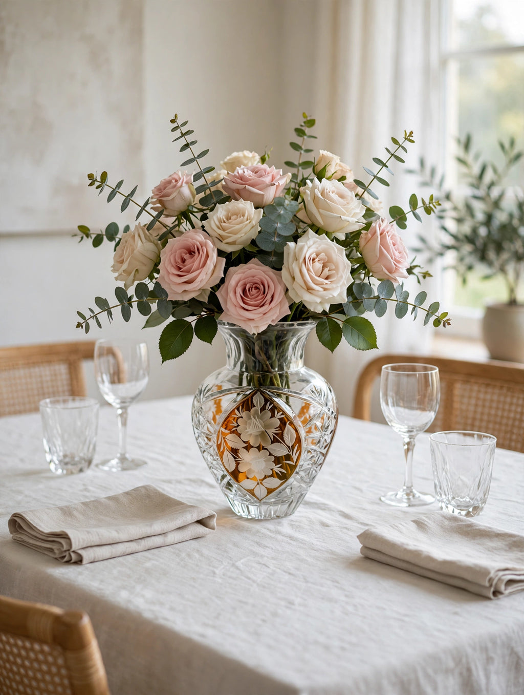 Amber crystal vase filled with cream and blush roses as a dining table centerpiece (styled display inspiration)