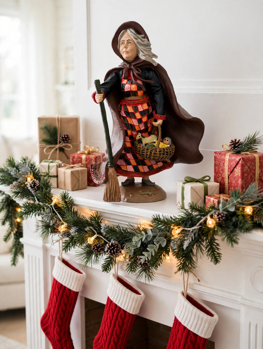 Befana on a Christmas mantel with garland, lights, gifts and stockings (styled display inspiration)