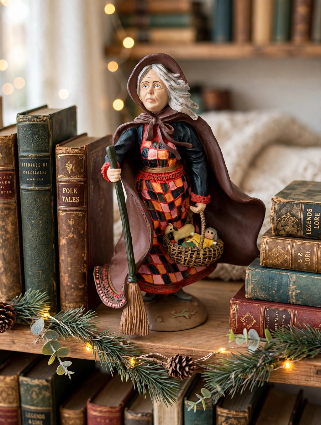 Befana on a bookshelf among antique books with garland and fairy lights (styled display inspiration)