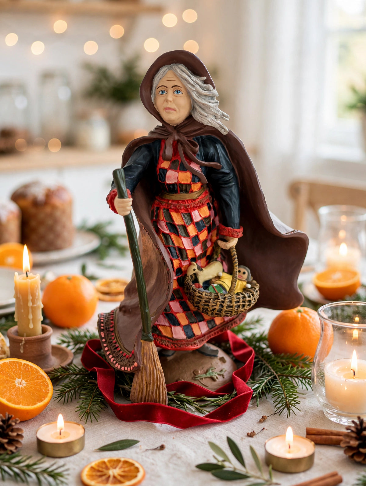 Befana as an Italian Christmas table centerpiece with candles and oranges (styled display inspiration)
